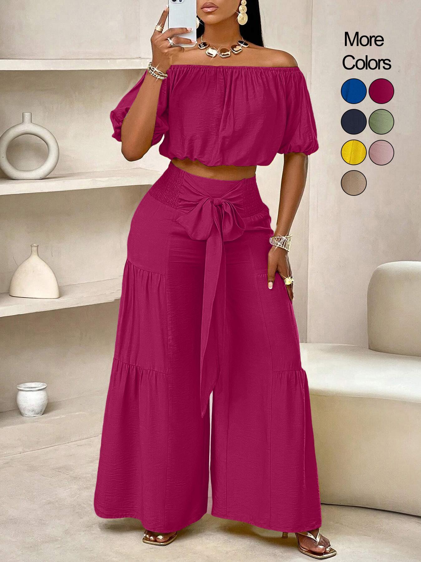 Summer Beach Vacation Bow Shoulderless Round Neck Shirt Wide Leg Pants Set, Casual Loose-Fitting, Women's Fashion, Womenswear