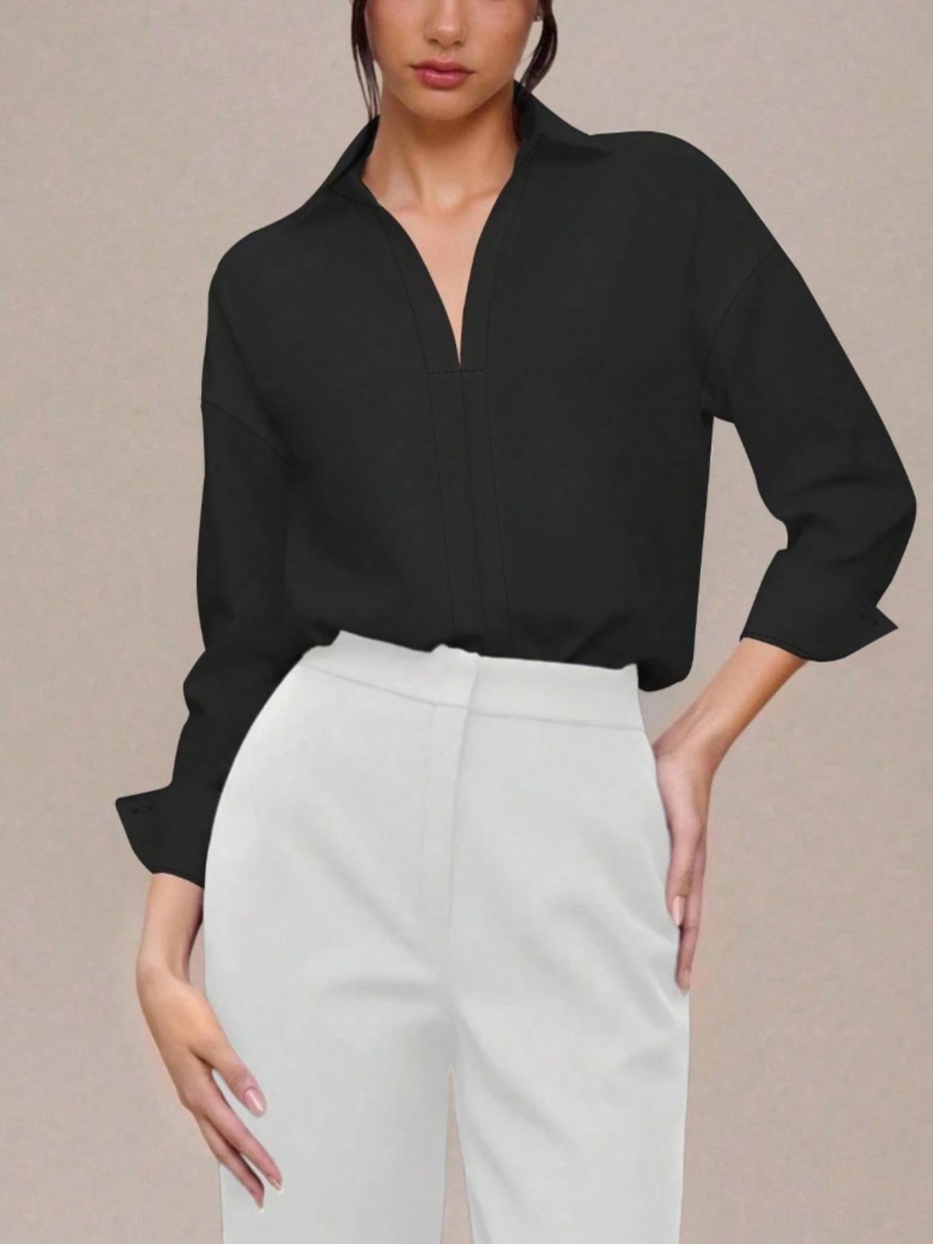 Women's casual loose V-neck long-sleeved shirt jumpsuit, Womenswear, elegant woven fabric, slim fit, suitable for all seasons, and can be layered flexibly, Bodysuit