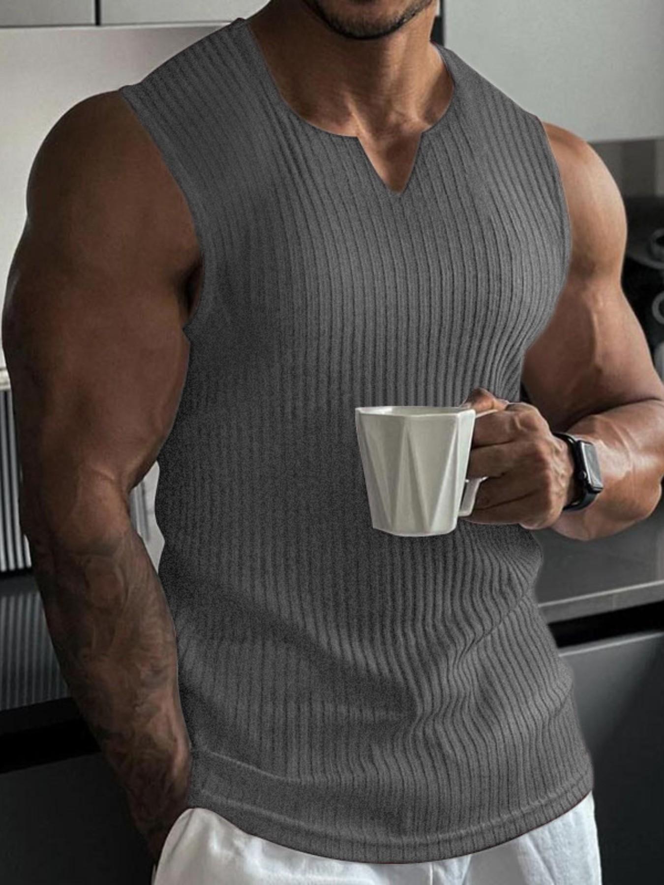 Men's Spring ＆ Summer Outfits Plain V Neck Sleeveless Pullover Vest T-Shirt for Daliy Wear, Gym Wear Ribbed Texture, Casual Sporty Versatile Wear, Must-Have for Men's Wardrobe, Sleeveless Sports Vest, Workout Vest, Fitness Workout Vest