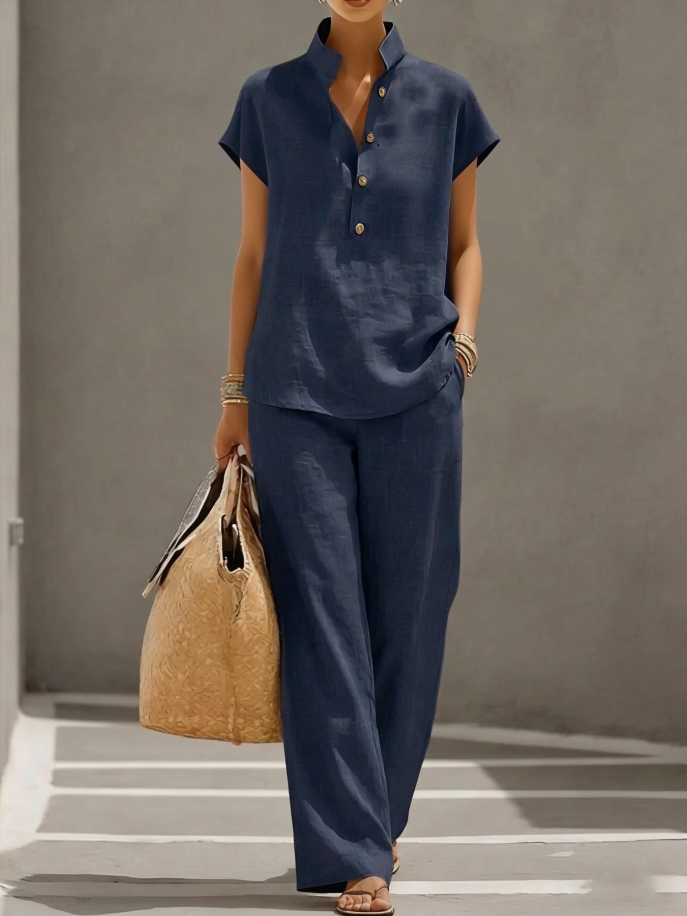 Women's Summer Short Sleeve + Long Pants Set, Solid Color Linen Cotton Design, Simple Fashion Style, Ideal for Vacation and Casual Wear, Button, Womenswear