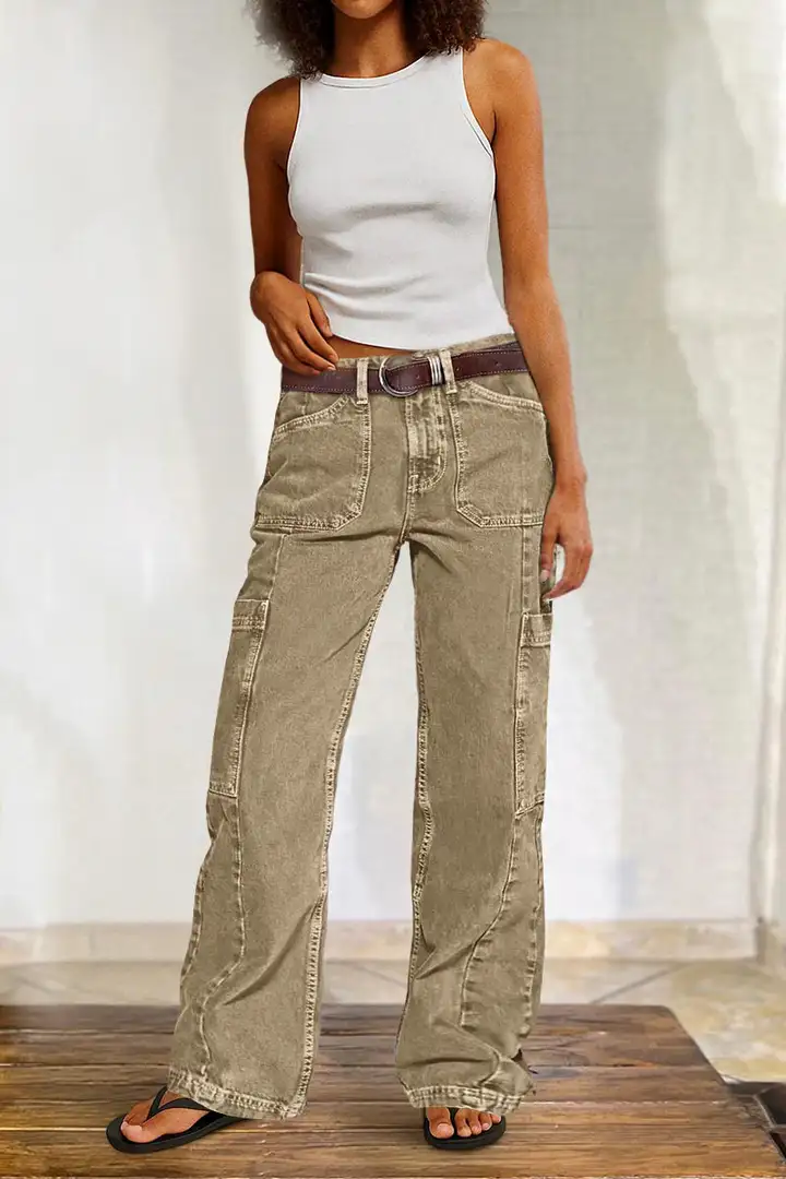 Women's Button Detail Mid Waist Straight Leg Cargo Pants Without Belt