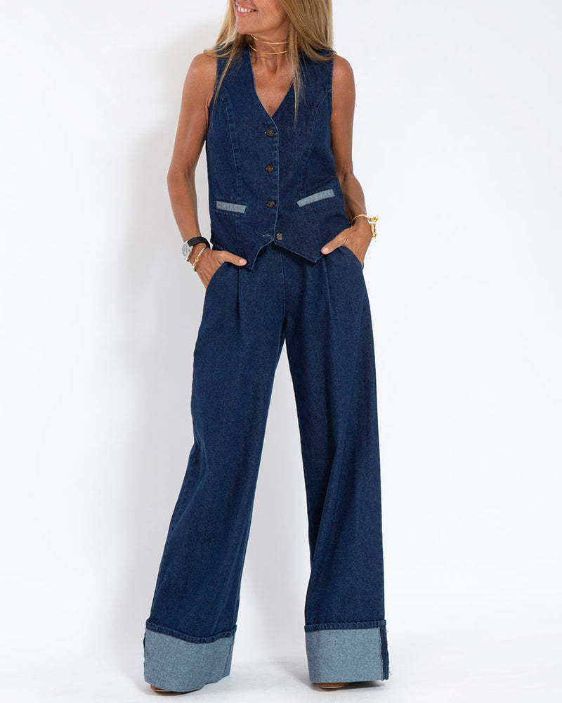 Casual Denim Two-piece Set Sleeveless Vest and Long Wide-leg Jeans Pants
