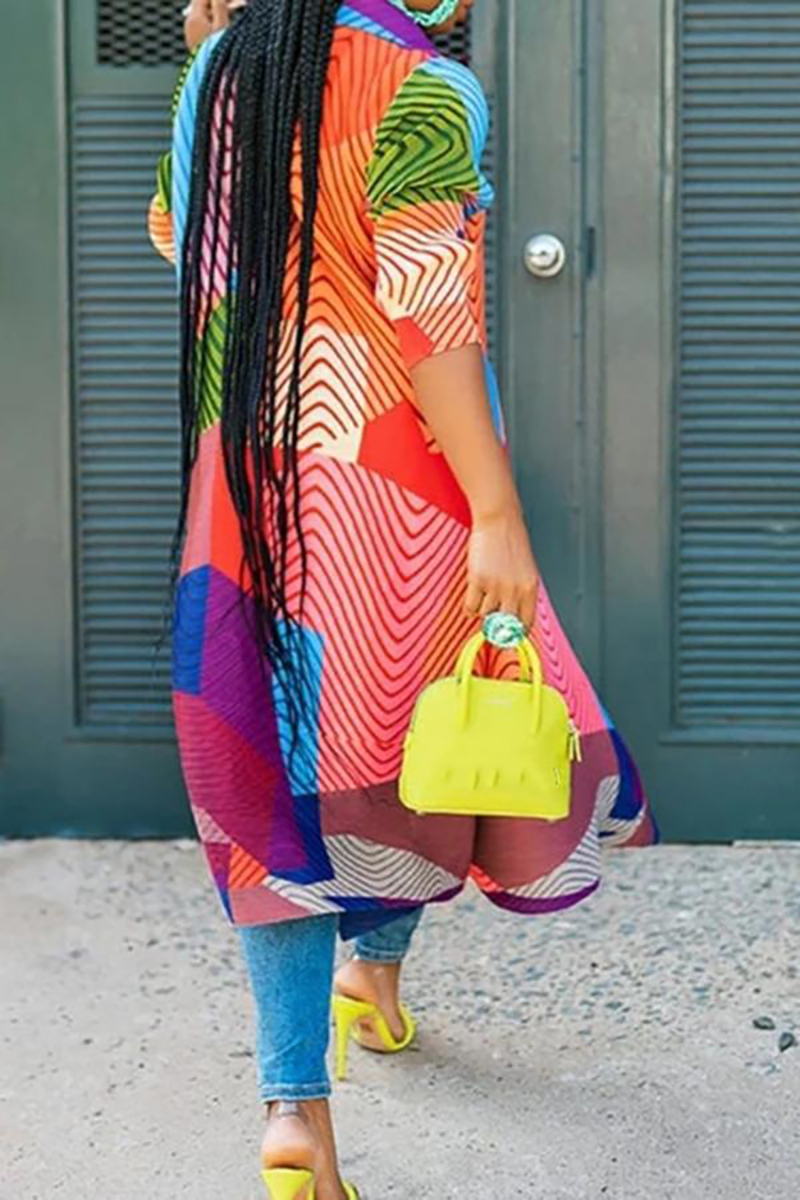 Plus Size Red Casual Half Sleeves Geometric Prints Stripe Colorblock Midi Dresses [Pre-Order]