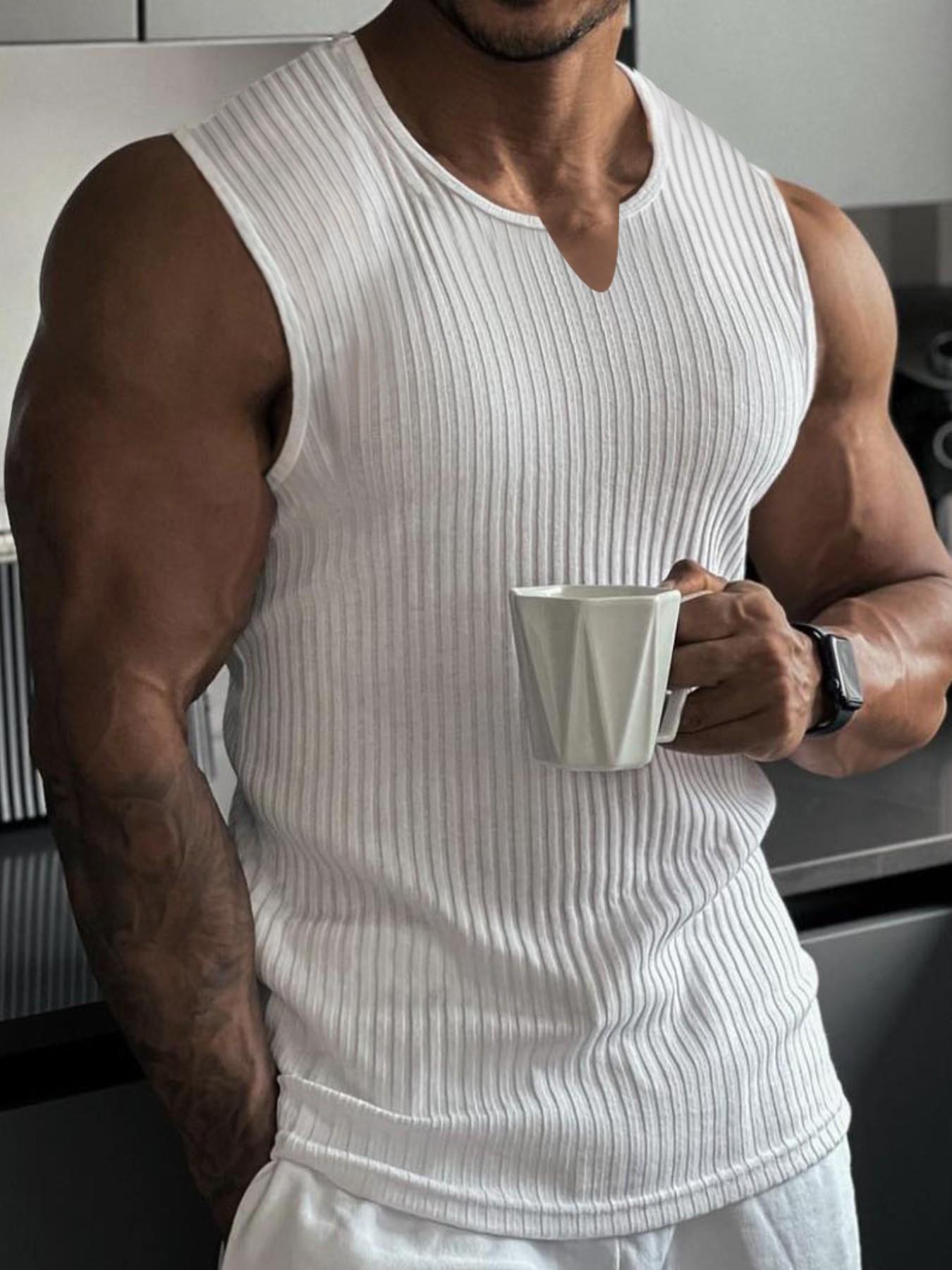 Men's Spring ＆ Summer Outfits Plain V Neck Sleeveless Pullover Vest T-Shirt for Daliy Wear, Gym Wear Ribbed Texture, Casual Sporty Versatile Wear, Must-Have for Men's Wardrobe, Sleeveless Sports Vest, Workout Vest, Fitness Workout Vest