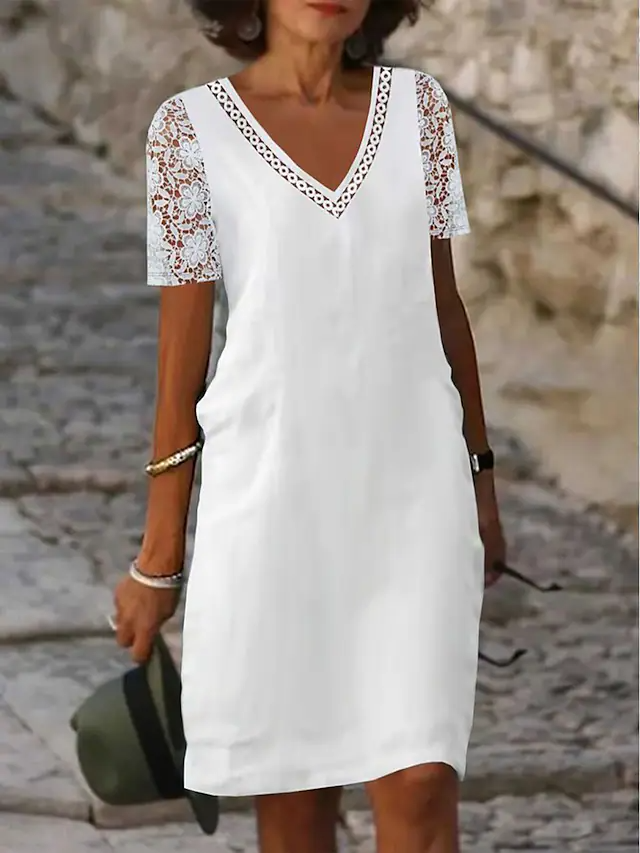 Women's  Lace Dress Plain Lace Cut Out Strap Midi Dress Fashion Modern Outdoor Daily Short Sleeve Regular Fit 