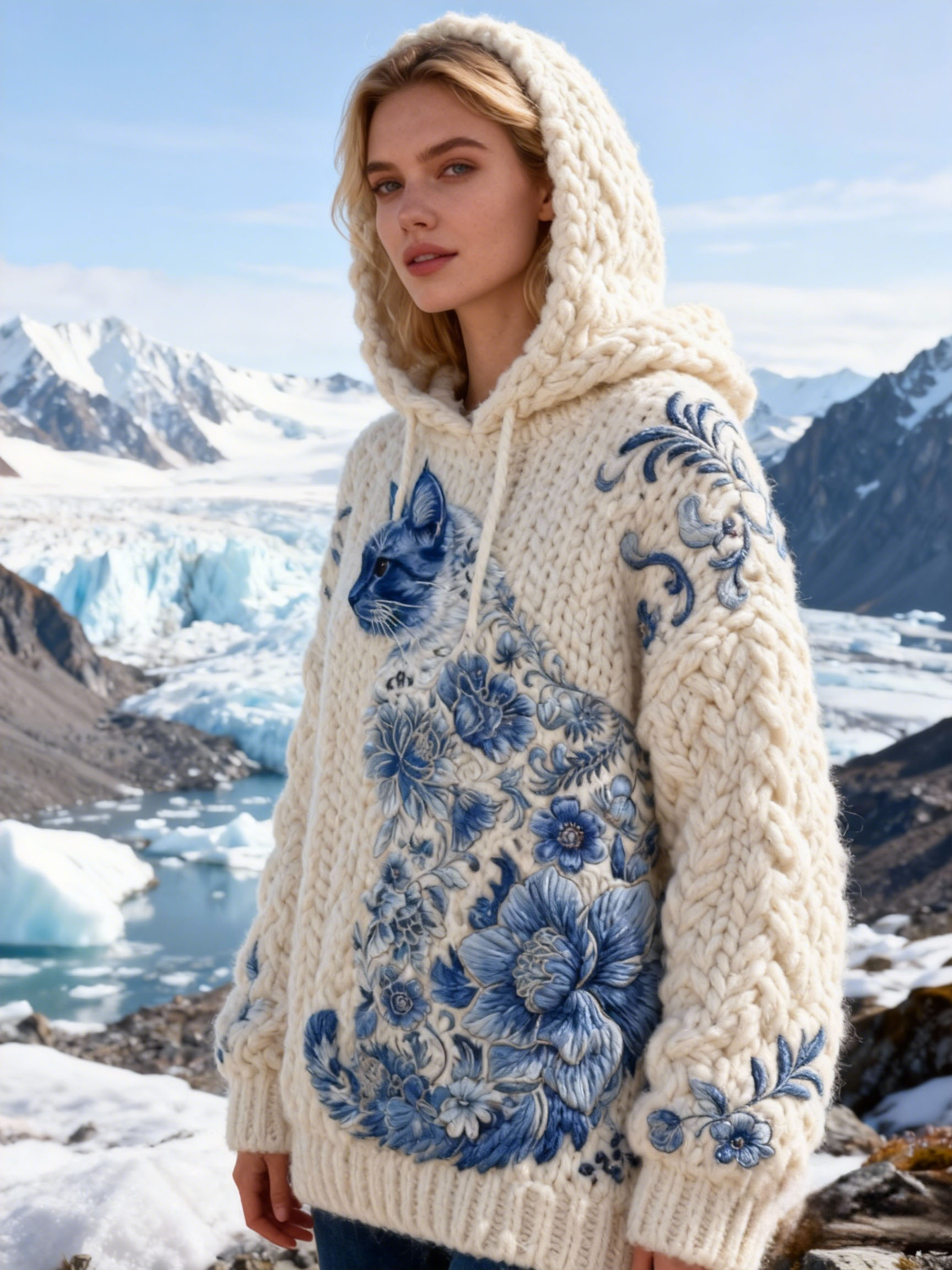Women's Vintage Blue and White Porcelain Art Cat Embroidered Hooded Sweater