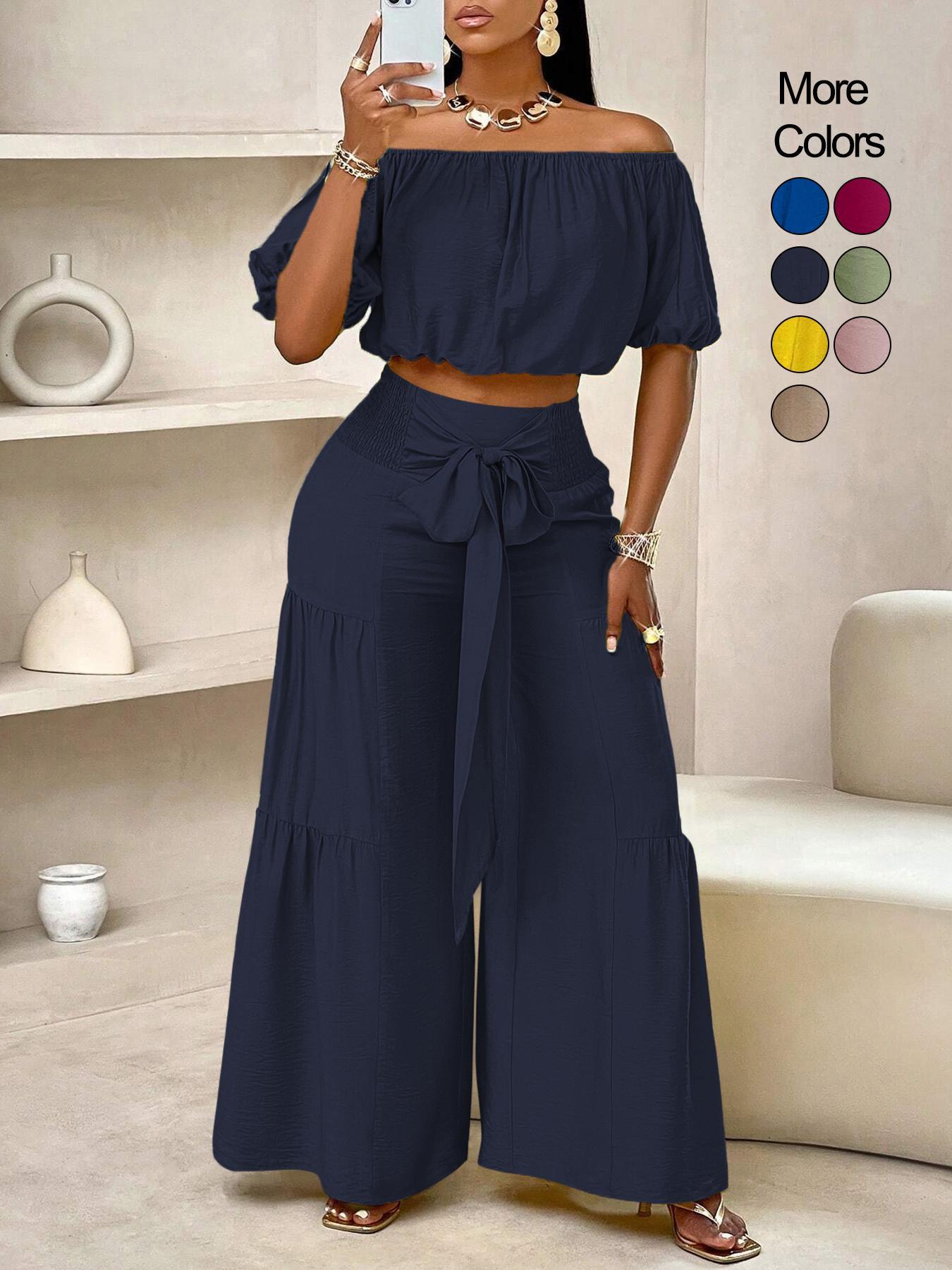 Summer Beach Vacation Bow Shoulderless Round Neck Shirt Wide Leg Pants Set, Casual Loose-Fitting, Women's Fashion, Womenswear