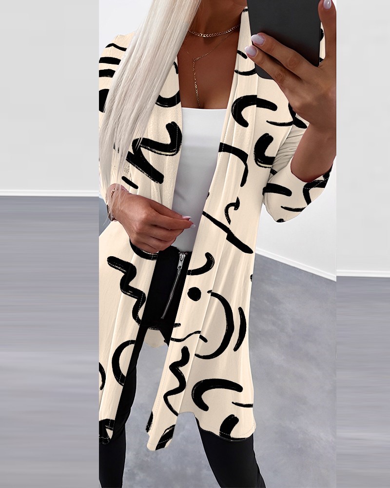 Abstract Print Open Front Long Sleeve Coat