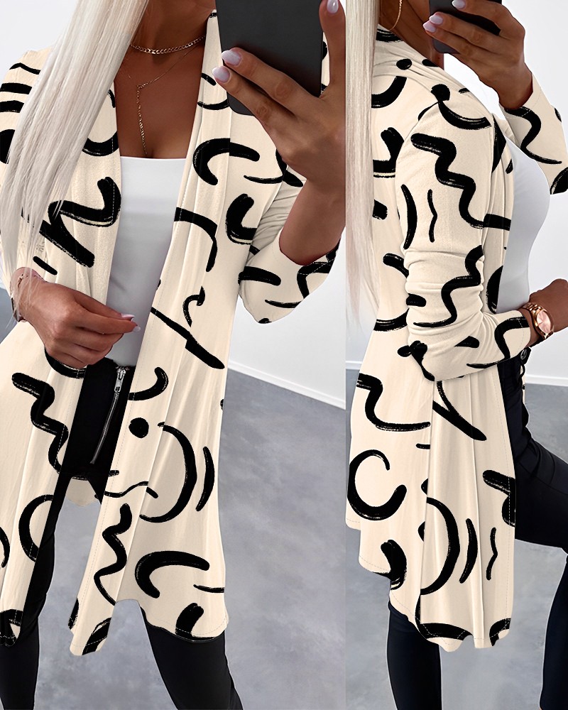 Abstract Print Open Front Long Sleeve Coat