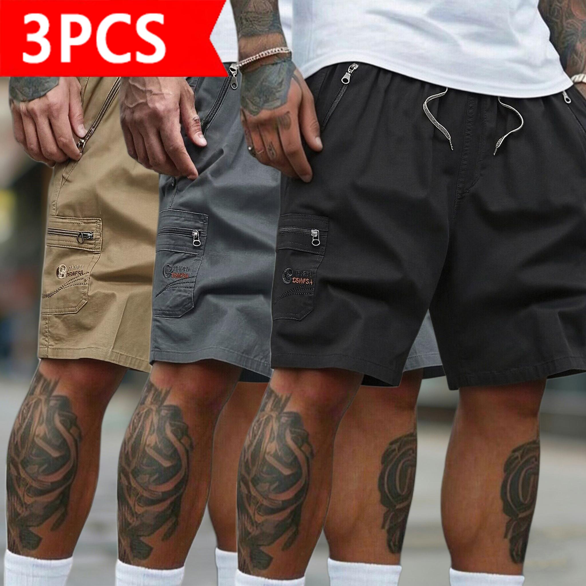 Men's 3-Pack Cargo Shorts | Casual Drawstring Elastic Waist Shorts with Zipper Pockets | Quick Dry Lightweight Streetwear for Summer, Beach, Daily Wear & Outdoor Activities, Menswear, Plain