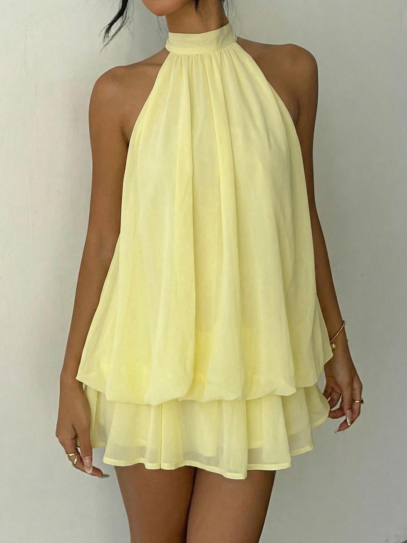 Women's Summer Fashion Party Halter Tie Back Mini Dress, Slim-Fitting Casual Elegant Short Sleeveless Dress for Home Outdoor City Style