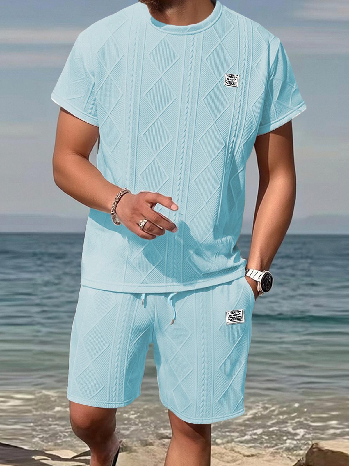 Men's Summer Casual Sports Suit 2-Piece texture Set Jacquard Texture Fabric Breathable Round Neck T-Shirt & Shorts Formal Tropical Man Top Suits Menswear Clothes Crewneck Shortsleeve  Suitable for daily leisure running tiktok shop deals gifts for him Spri
