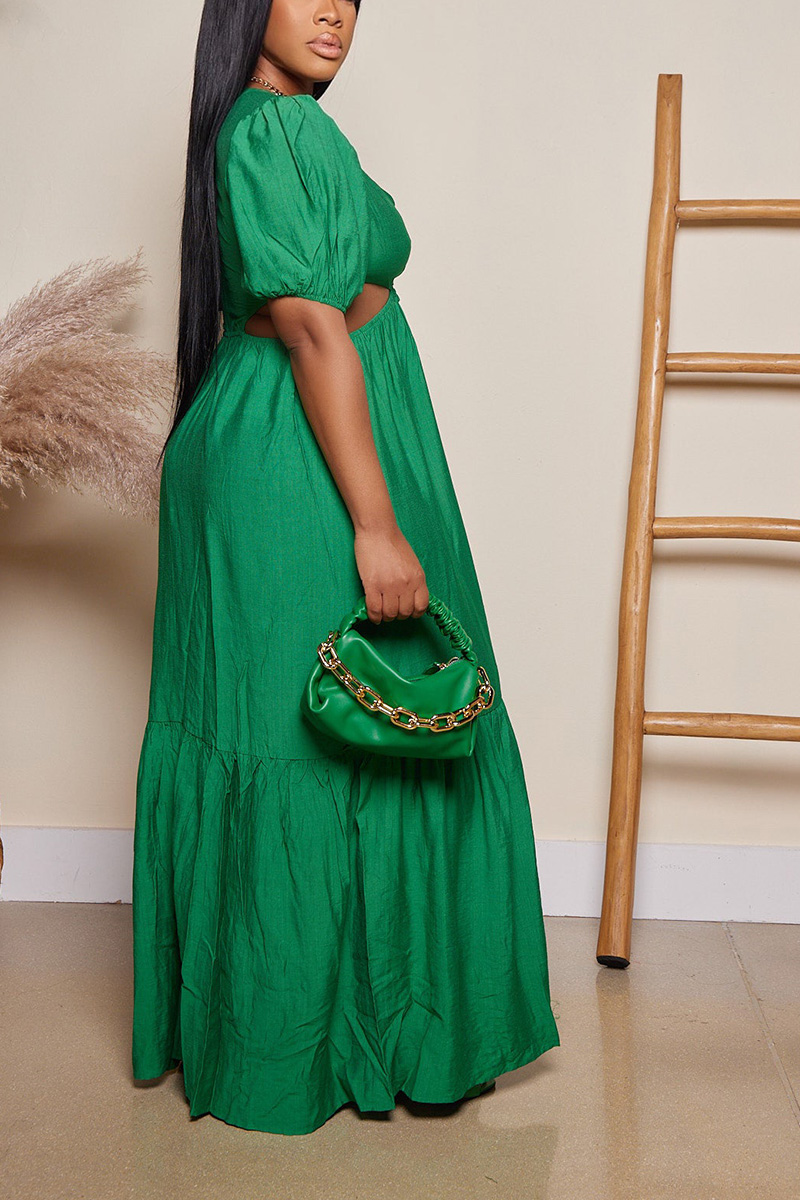 Plus Size Magenta Casual Puff Sleeve V Neck Ruffle Cut Out Maxi Dresses [Pre-Order]