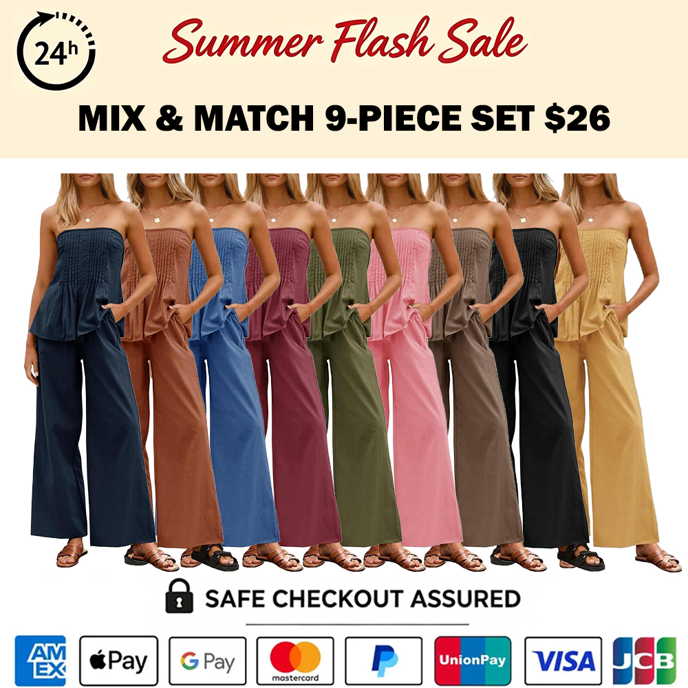 Women's Vacation Strapless Cotton Tube Top & Wide Leg Pleated Pants Matching Set