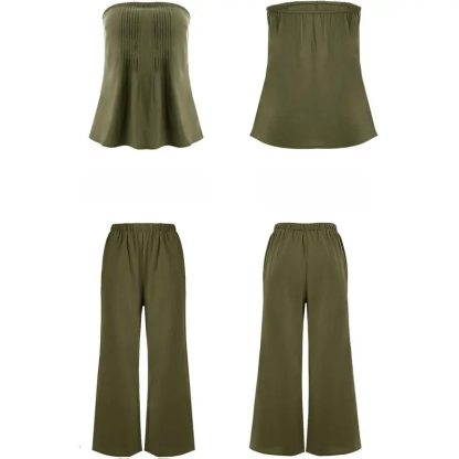 Women's Vacation Strapless Cotton Tube Top & Wide Leg Pleated Pants Matching Set