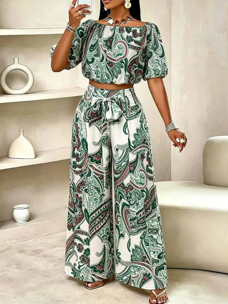 Women's Vintage Paisley Print Aesthetic Vacation Two-Piece Sets