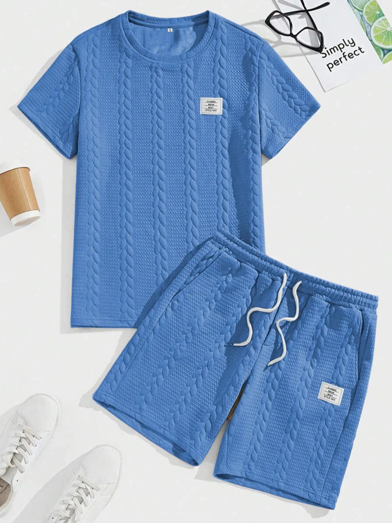 Men's Solid Textured Knit Patched Tee & Drawstring Waist Shorts Set