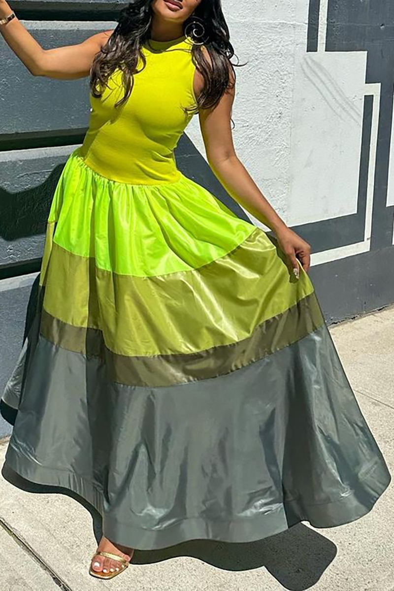 Plus Size Green Casual Sleeveless Colorblock Round Neck Maxi Dresses [