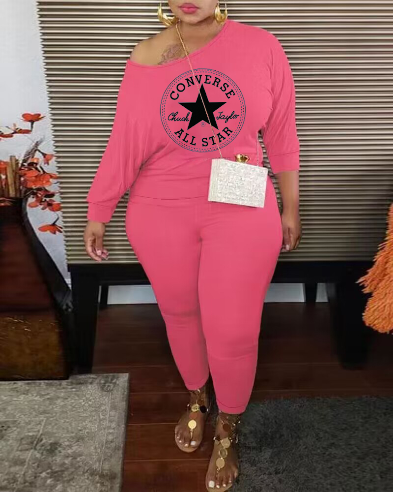 Converse Plus Size Letter Figure Print Top & Pants Set