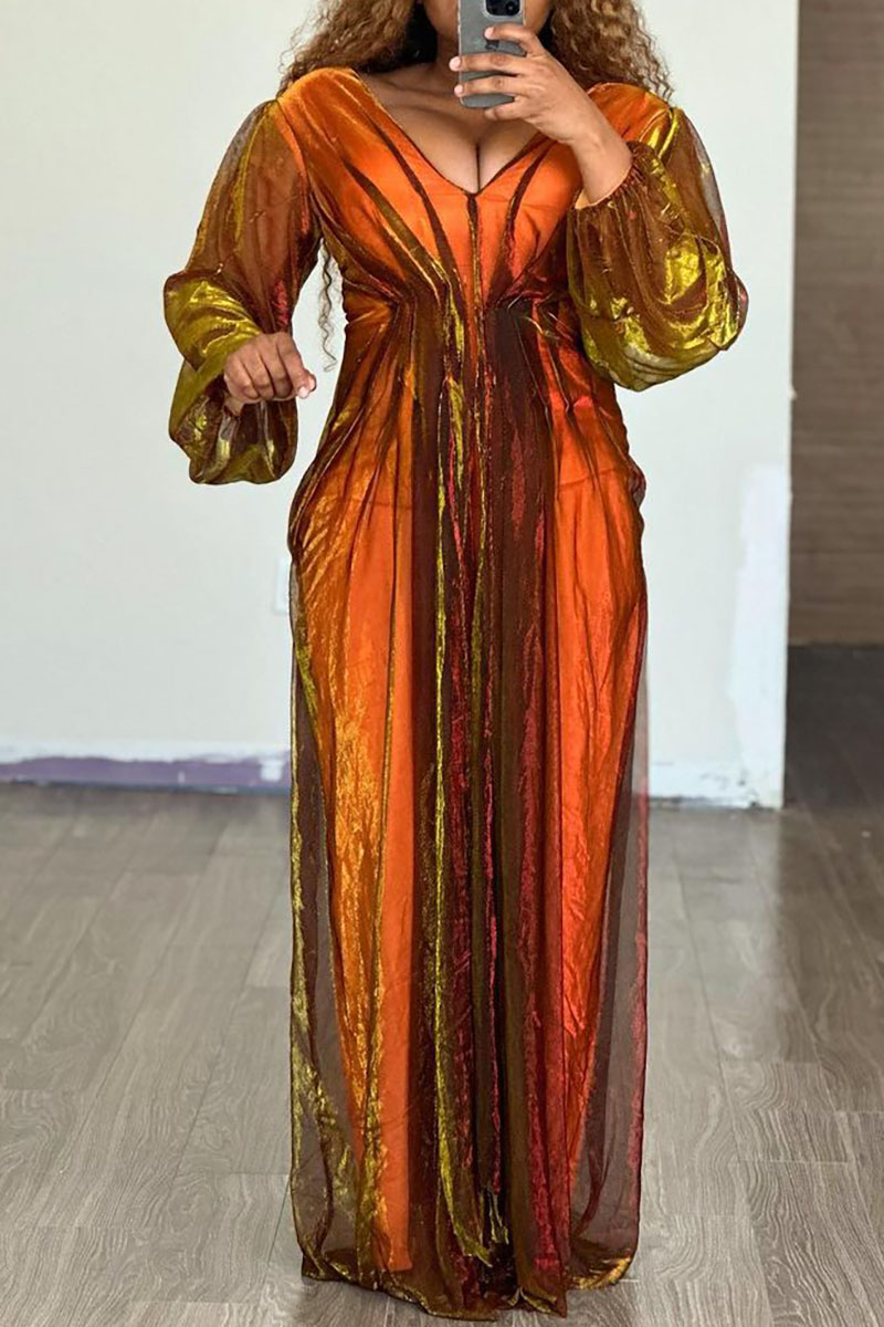 Plus Size Orange Daily Metallic V-neck Fold Maxi Dresses [Pre-Order]