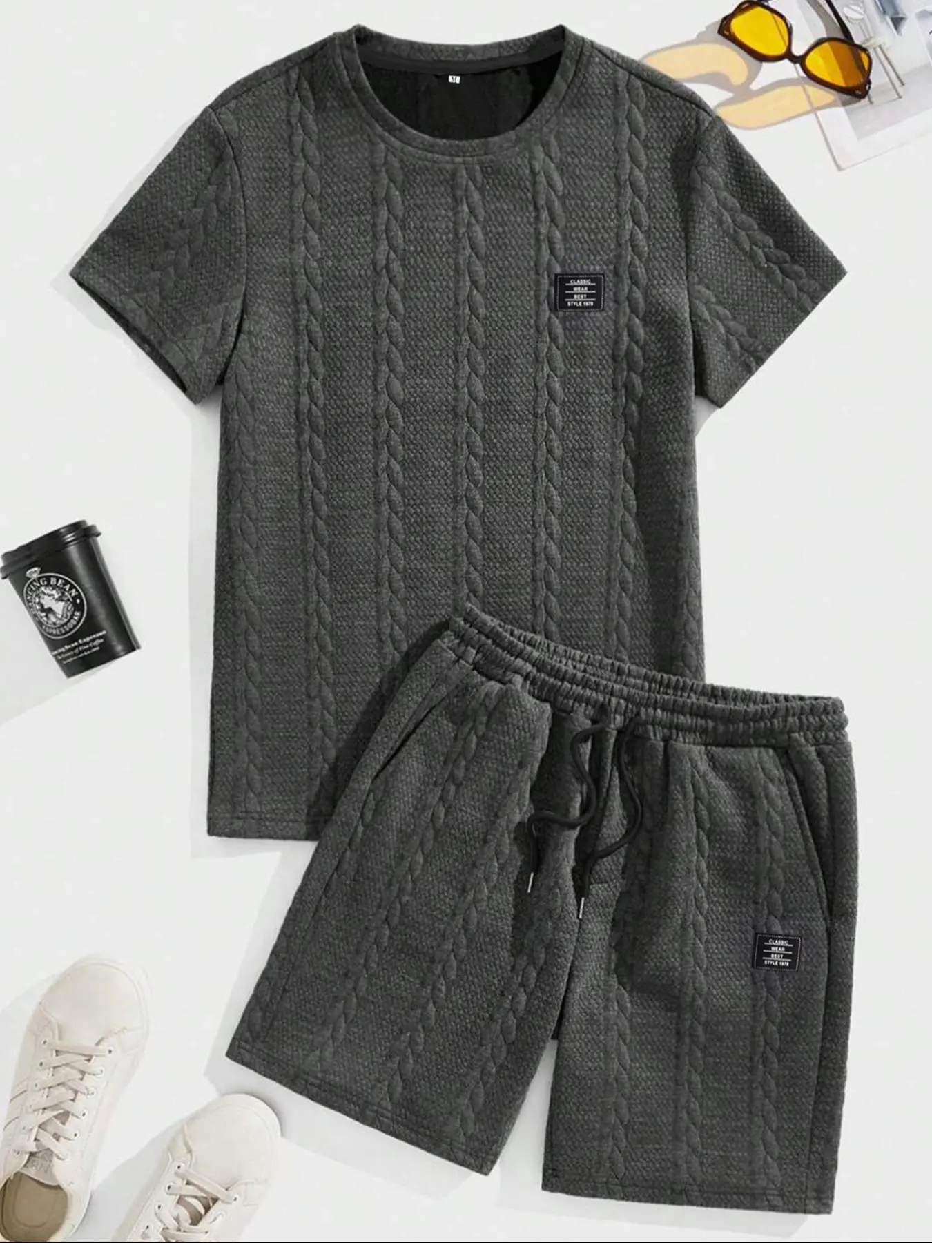 Men's Solid Textured Knit Patched Tee & Drawstring Waist Shorts Set