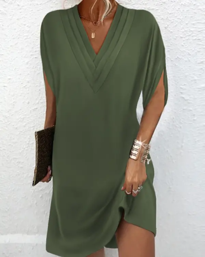 Half Sleeve V-Neck Ruched Casual Dress