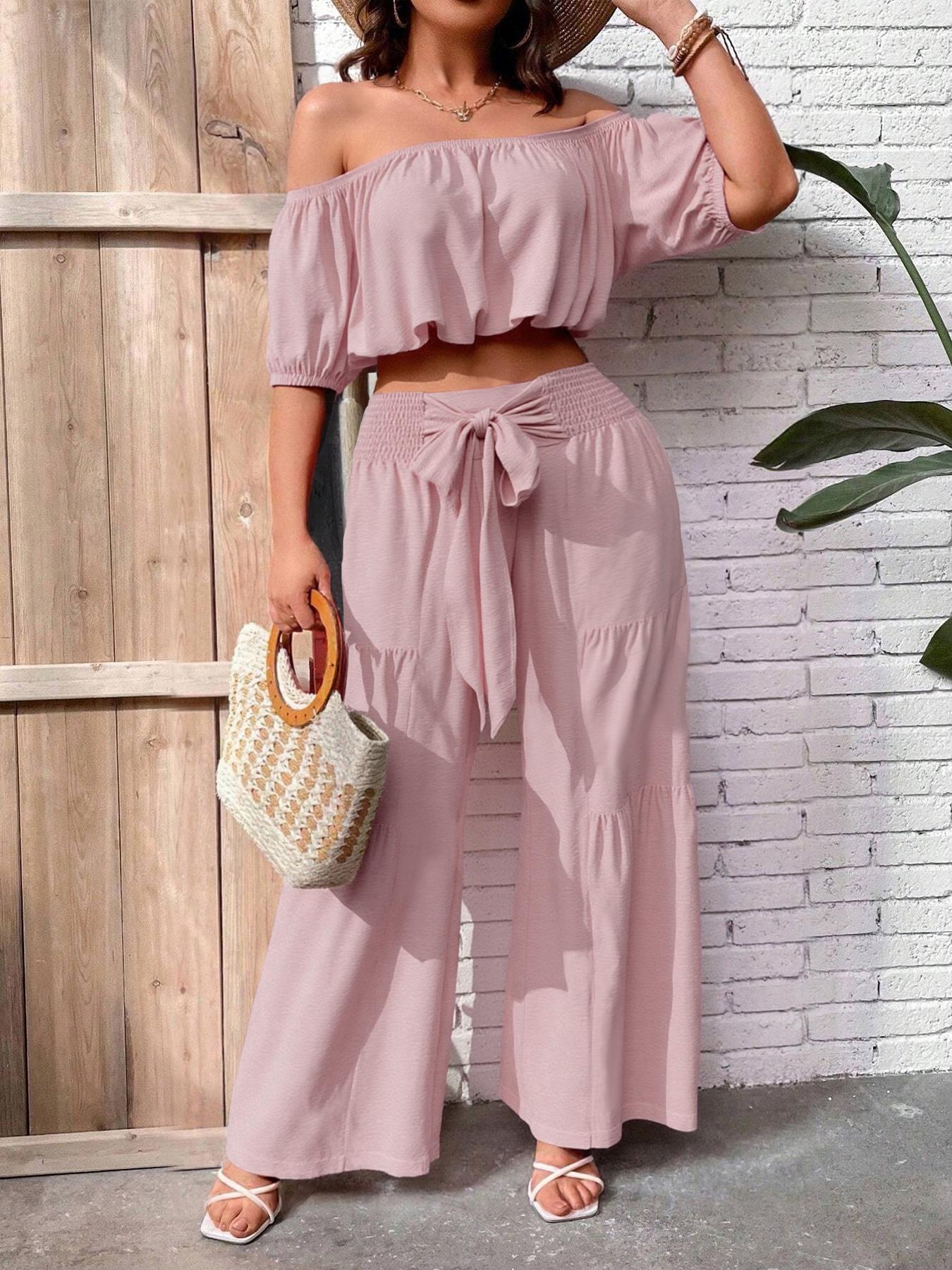 Summer Beach Vacation Bow Shoulderless Round Neck Shirt Wide Leg Pants Set, Casual Loose-Fitting, Women's Fashion, Womenswear