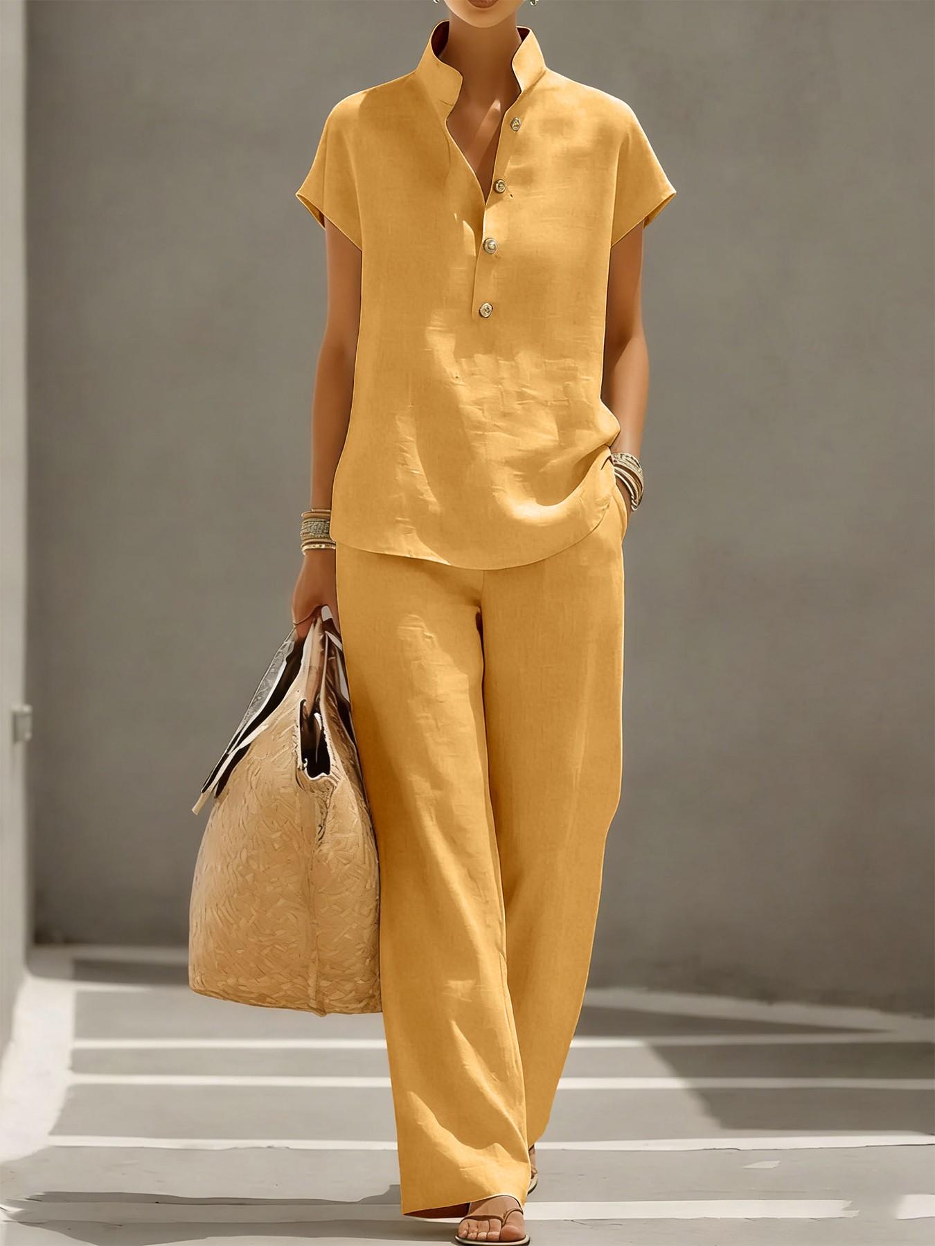 Women's Summer Short Sleeve + Long Pants Set, Solid Color Linen Cotton Design, Simple Fashion Style, Ideal for Vacation and Casual Wear, Button, Womenswear