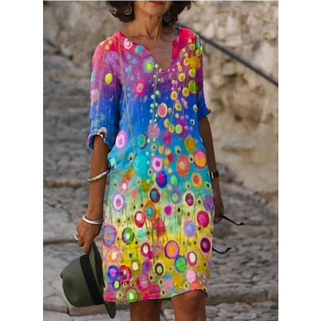 Women‘s Shift Dress Knee Length Dress Half Sleeve Pure Color Patchwork