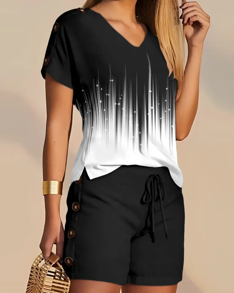 Abstract Print T-shirt & Drawstring Shorts Set