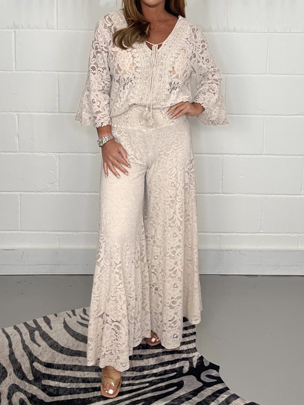 Lacy Solid Color Loose Wide Leg V-Neck Jumpsuits
