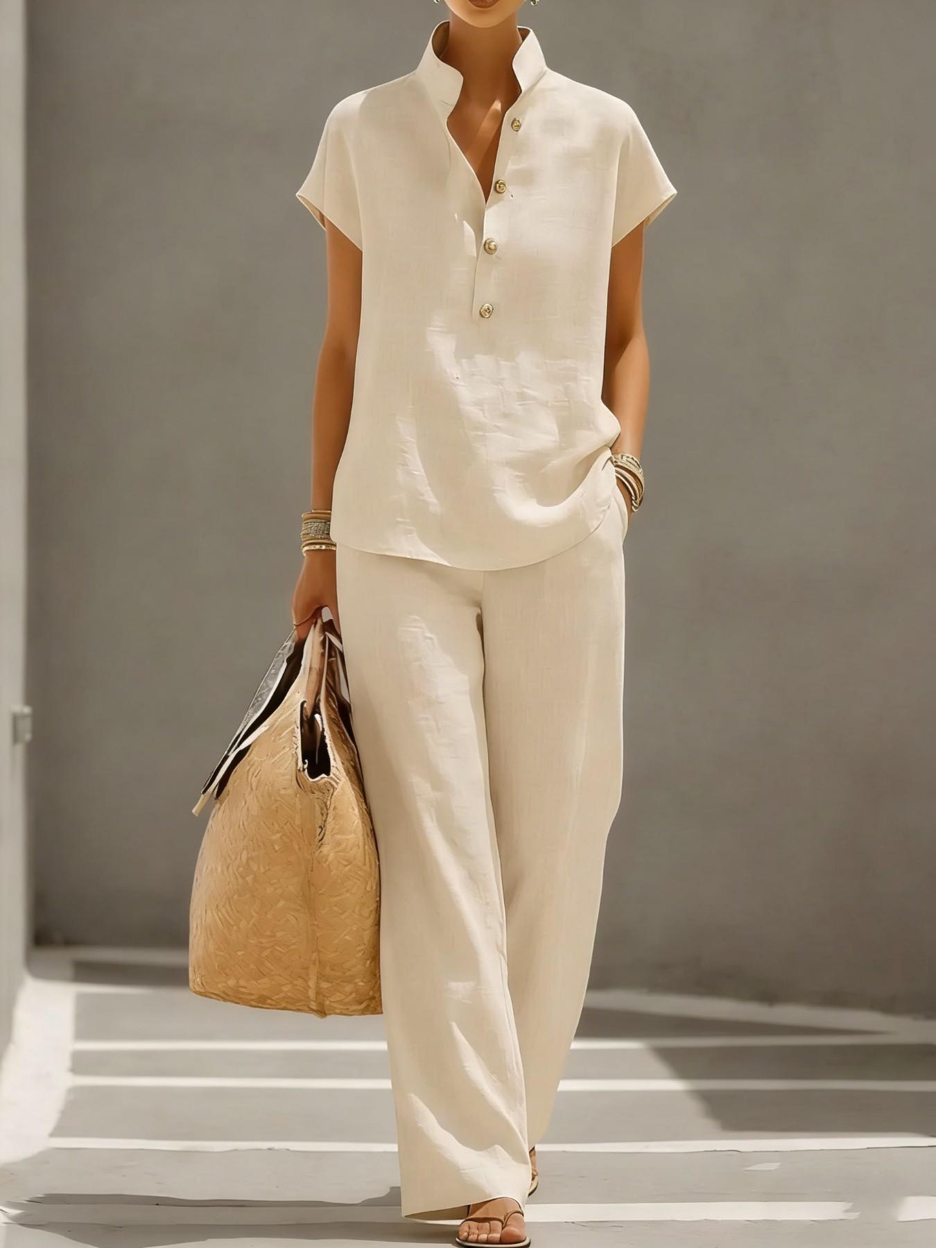 Women's Summer Short Sleeve + Long Pants Set, Solid Color Linen Cotton Design, Simple Fashion Style, Ideal for Vacation and Casual Wear, Button, Womenswear