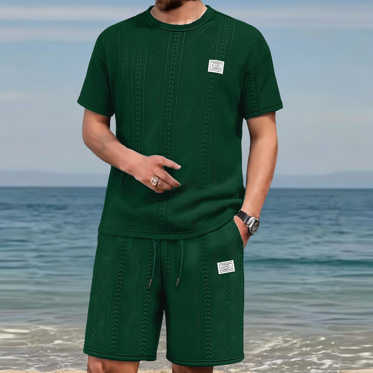 Men's Summer Casual Sports Suit 2-Piece texture Set Jacquard Texture Fabric Breathable Round Neck T-Shirt & Shorts Formal Tropical Man Top Suits Menswear Clothes Crewneck Shortsleeve  Suitable for daily leisure running tiktok shop deals gifts for him Spri