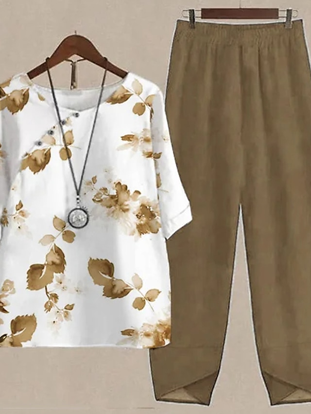 Women's Shirt Pants Sets Pants Trousers Basic Black Blue Holiday Weekend Floral Print Round Neck S M L XL 2XL