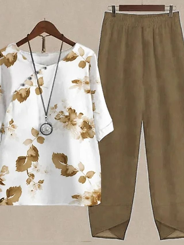 Women's Shirt Pants Sets Pants Trousers Basic Black Blue Holiday Weekend Floral Print Round Neck S M L XL 2XL