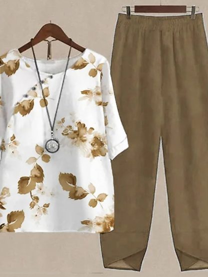 Women's Shirt Pants Sets Pants Trousers Basic Black Blue Holiday Weekend Floral Print Round Neck S M L XL 2XL