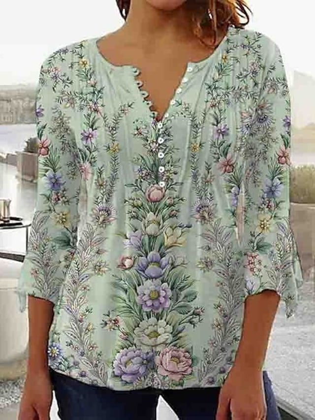 Women's Shirt Blouse White Green Floral Button Print 3/4 Length Sleeve