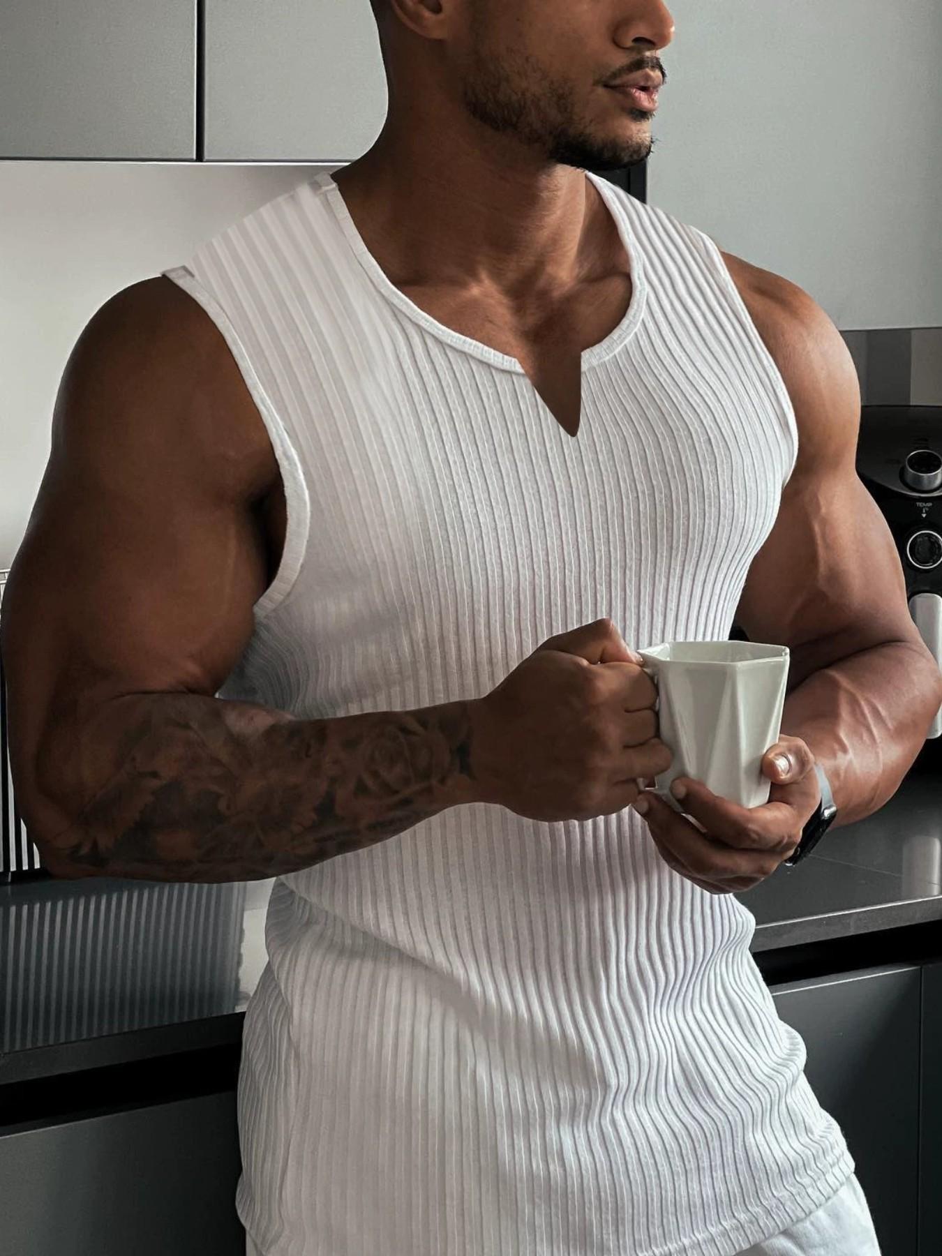 Men's Spring ＆ Summer Outfits Plain V Neck Sleeveless Pullover Vest T-Shirt for Daliy Wear, Gym Wear Ribbed Texture, Casual Sporty Versatile Wear, Must-Have for Men's Wardrobe, Sleeveless Sports Vest, Workout Vest, Fitness Workout Vest