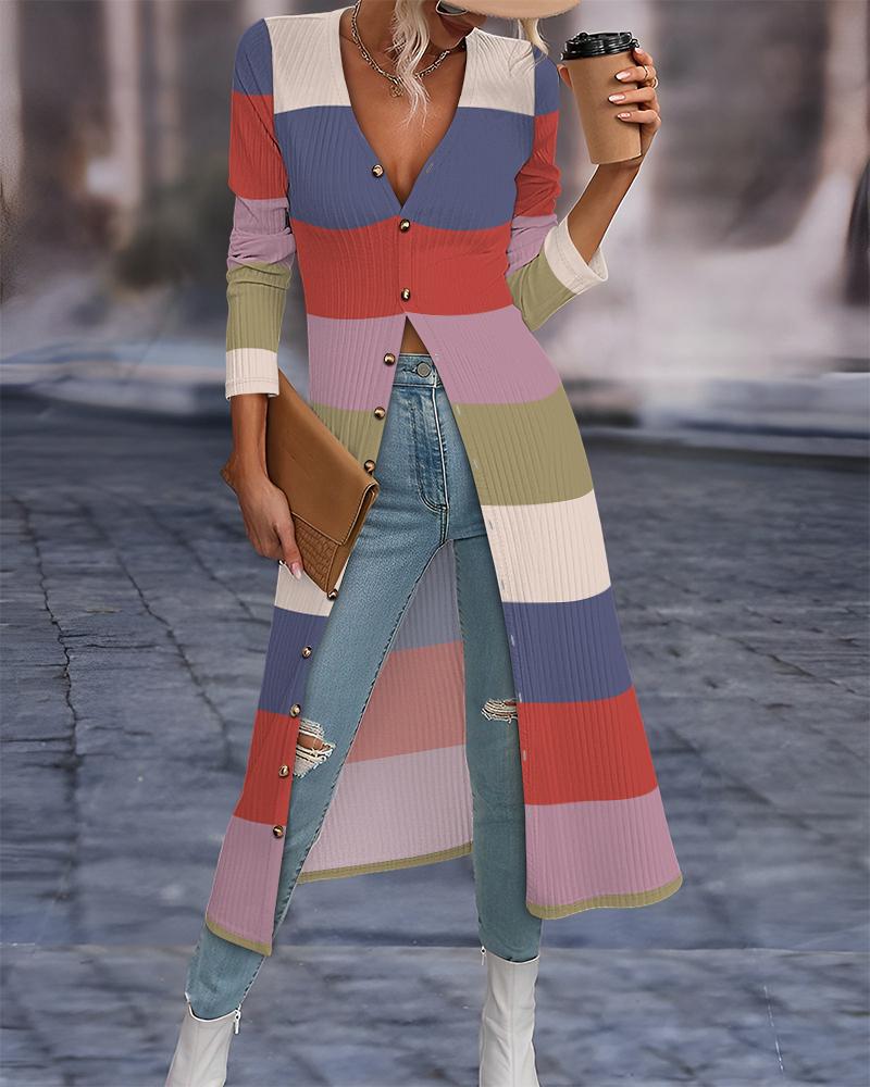 Striped Colorblock Open Front Longline Ribbed Coat
