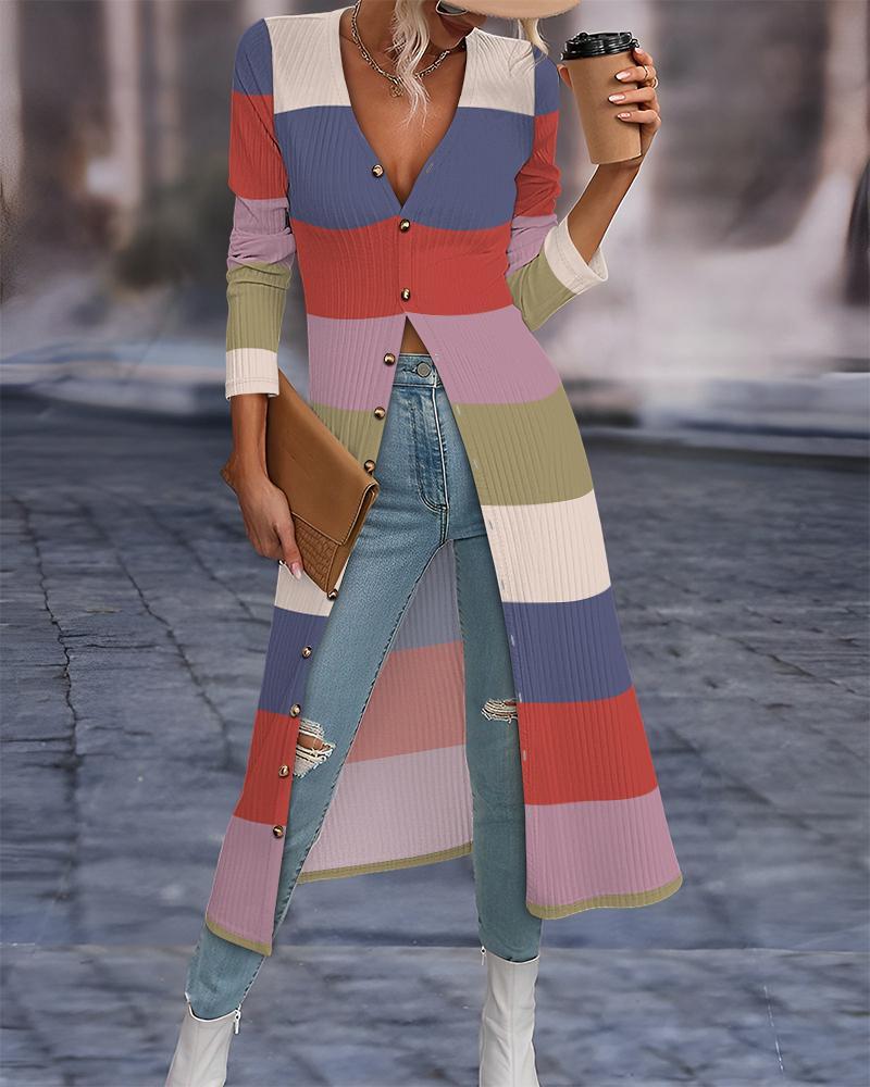 Striped Colorblock Open Front Longline Ribbed Coat