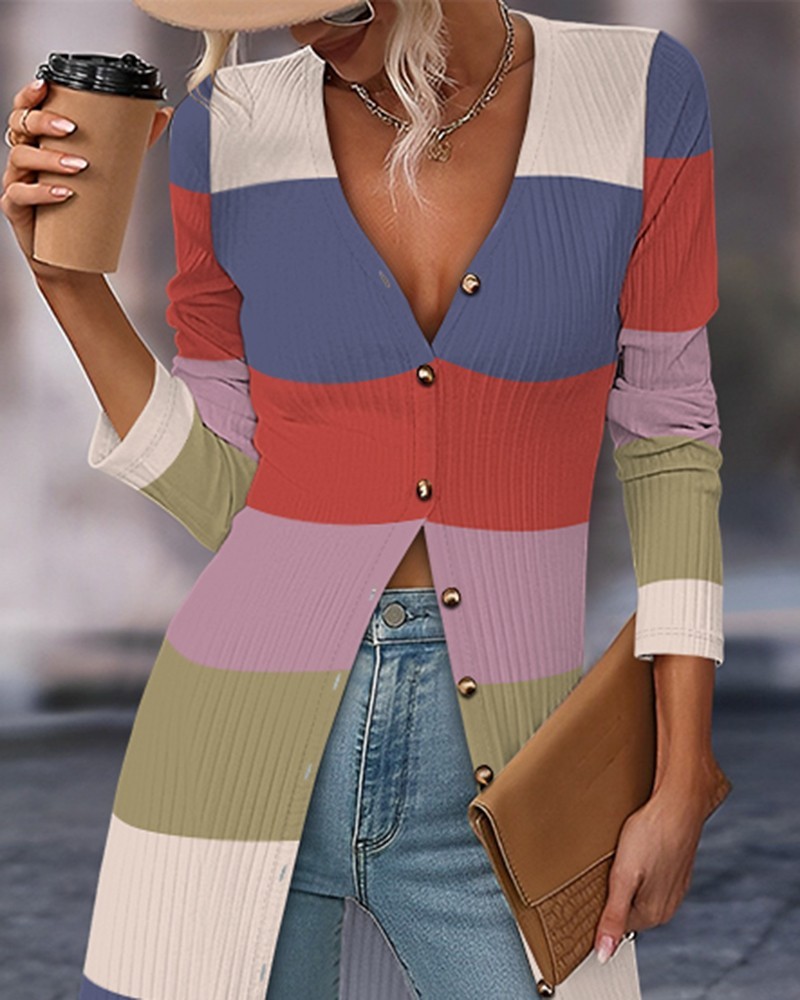 Striped Colorblock Open Front Longline Ribbed Coat