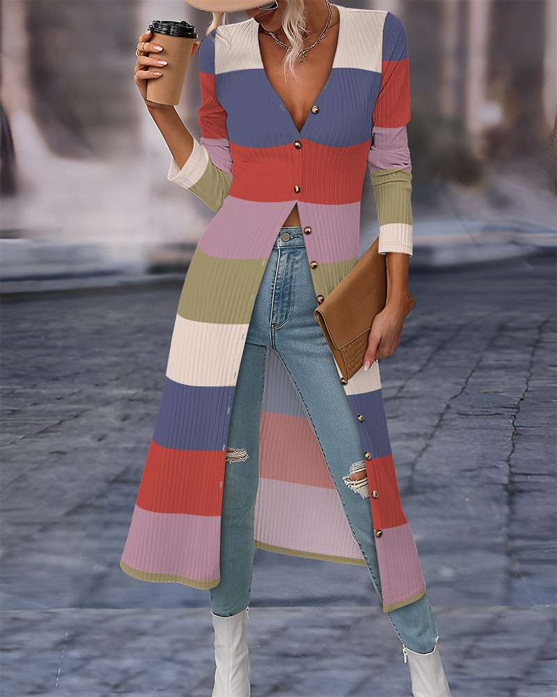 Striped Colorblock Open Front Longline Ribbed Coat