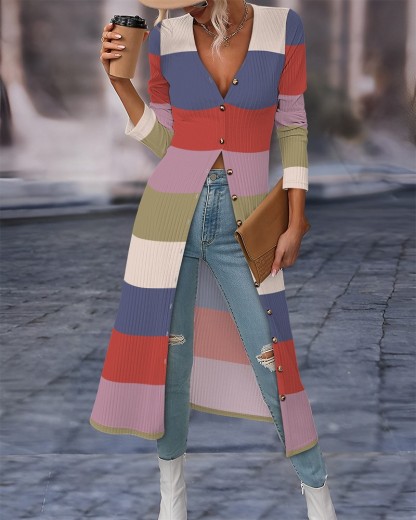 Striped Colorblock Open Front Longline Ribbed Coat