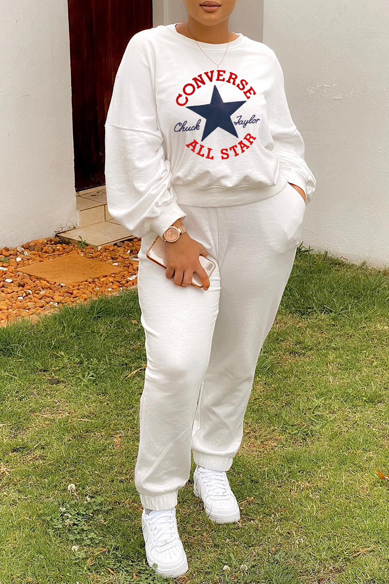 Converse White Casual Daily Simplicity Solid Color O Neck Long Sleeve Two Pieces