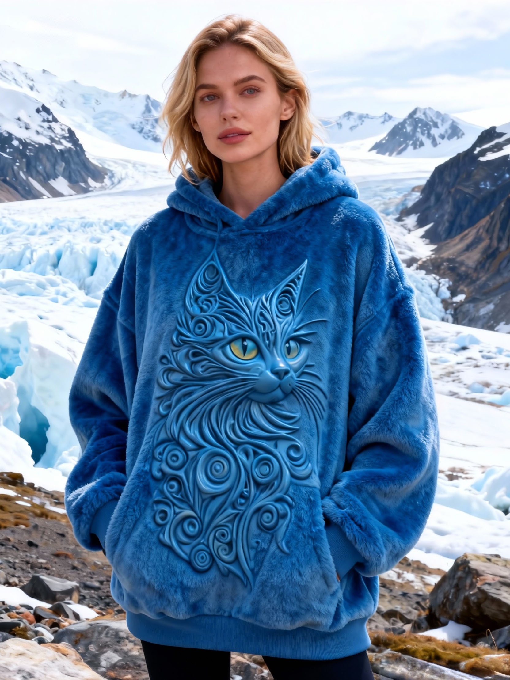 Women's Vintage Art Cat Embossed Hooded Flannel Sweatshirt