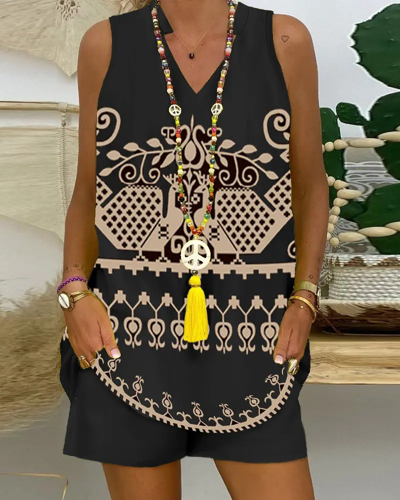 Tribal Print Tank Top & Shorts Set