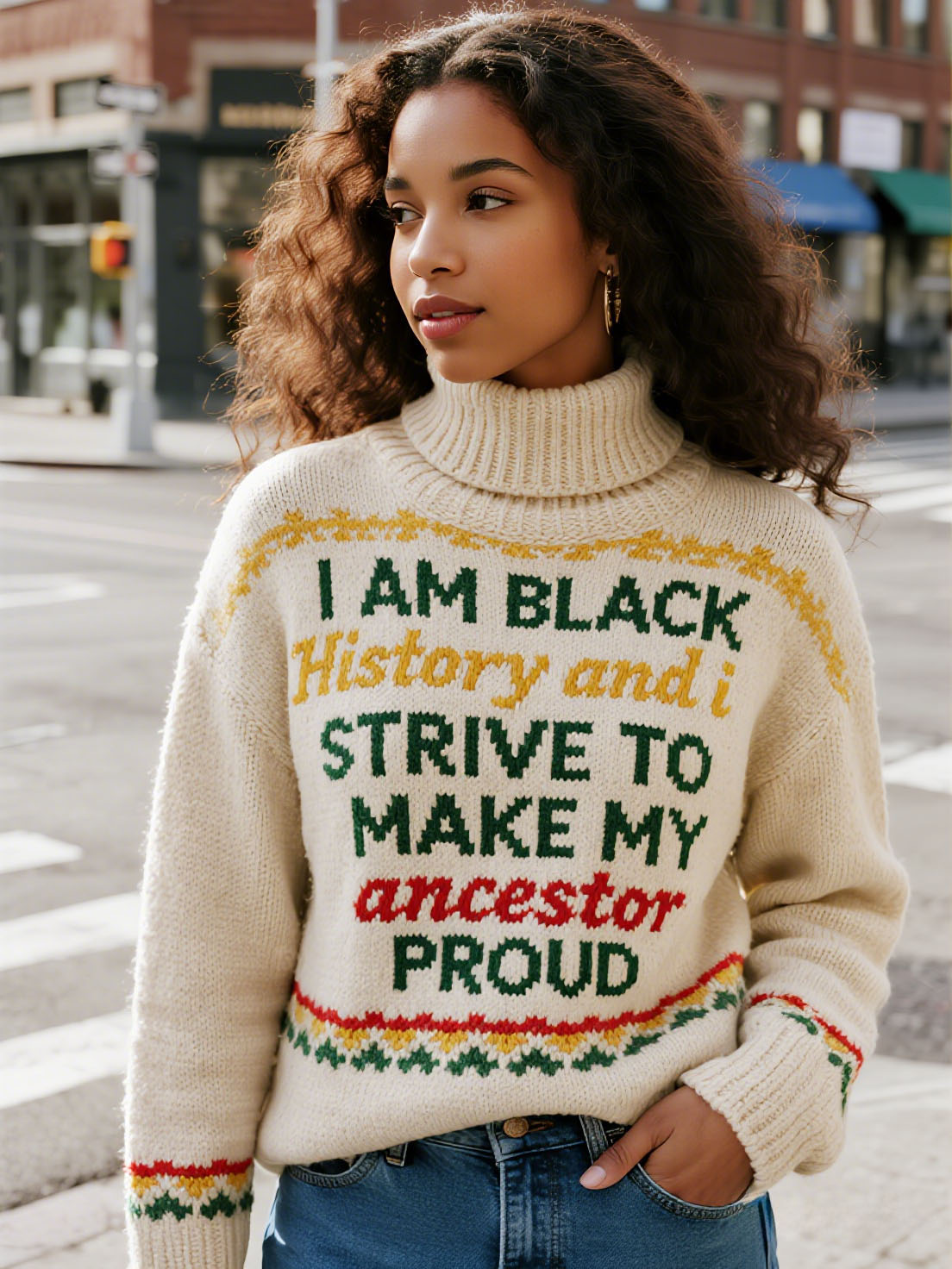 Women's "I Am Black History" Ancestor Pride Slogan Turtleneck Black History Sweater