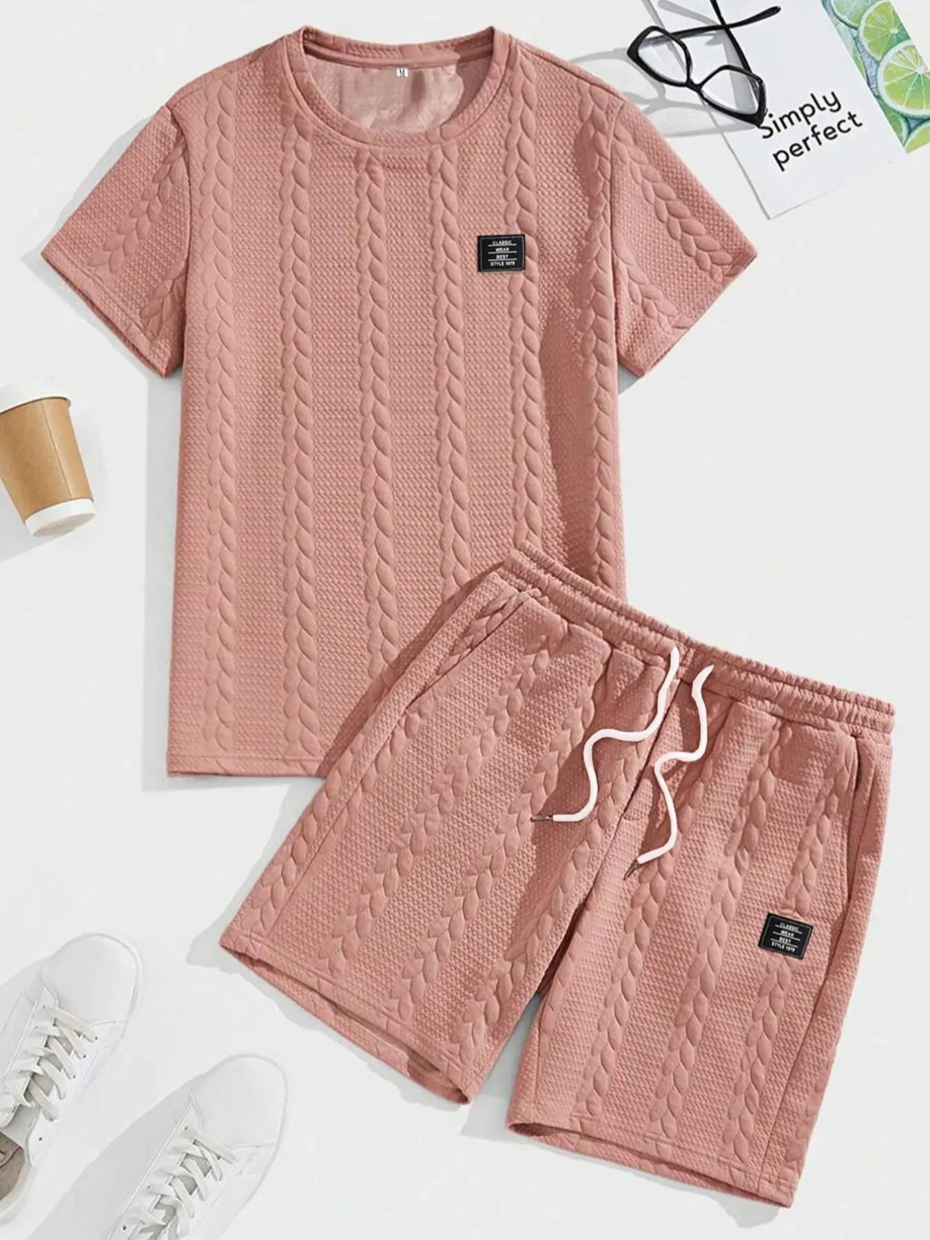 Men's Solid Textured Knit Patched Tee & Drawstring Waist Shorts Set