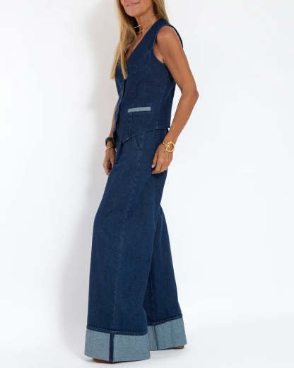 Casual Denim Two-piece Set Sleeveless Vest and Long Wide-leg Jeans Pants