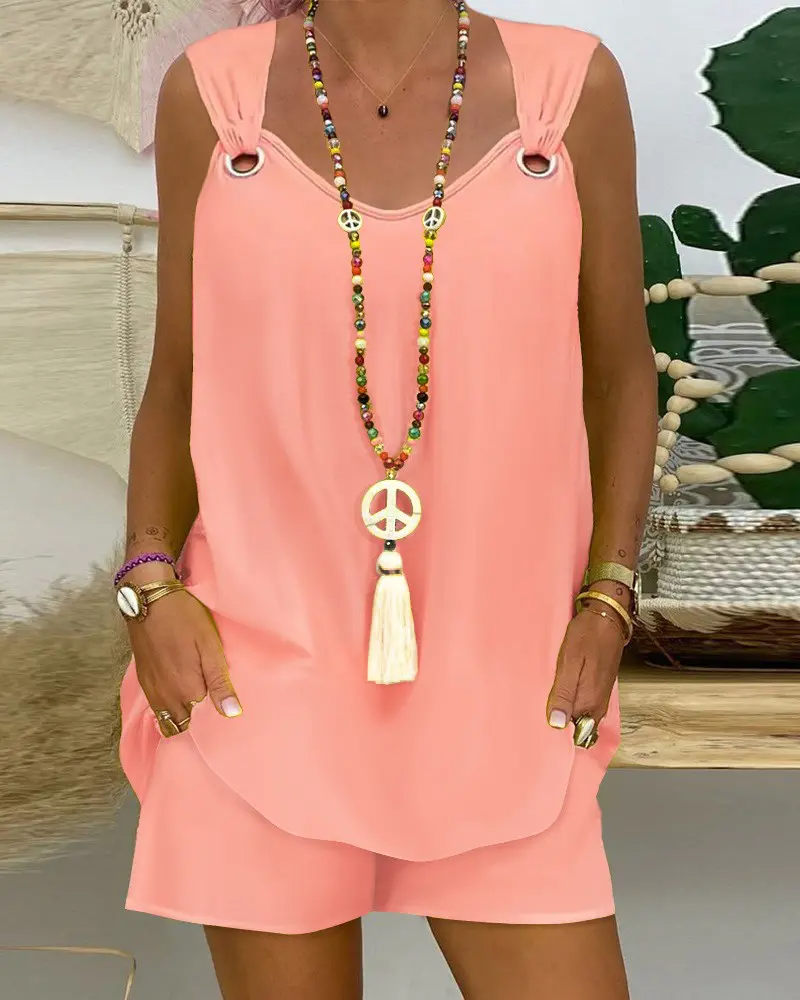 Eyelet Sleeveless Top & Pocket Design Shorts Set